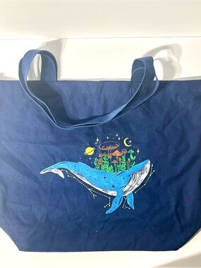 Blue Celestial Whale Print Cotton Tote Bag